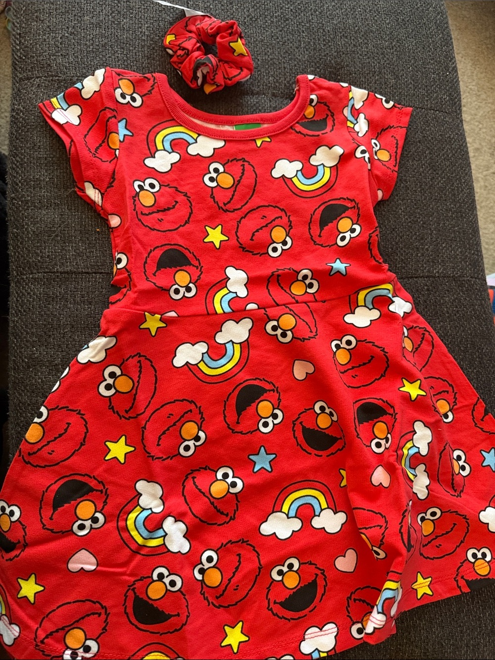 Sesame Street Red Elmo Rainbow Print Girls' Casual Dress with Scrunchie